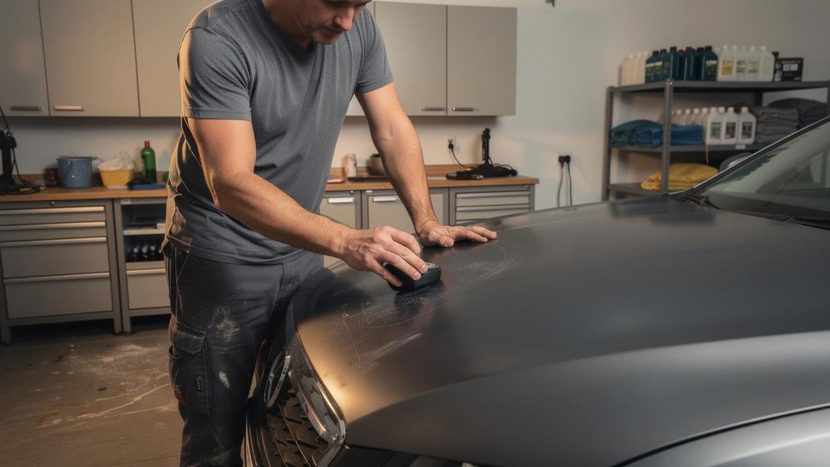 Detailer measuring paint depth with a gauge on a car hood under studio light